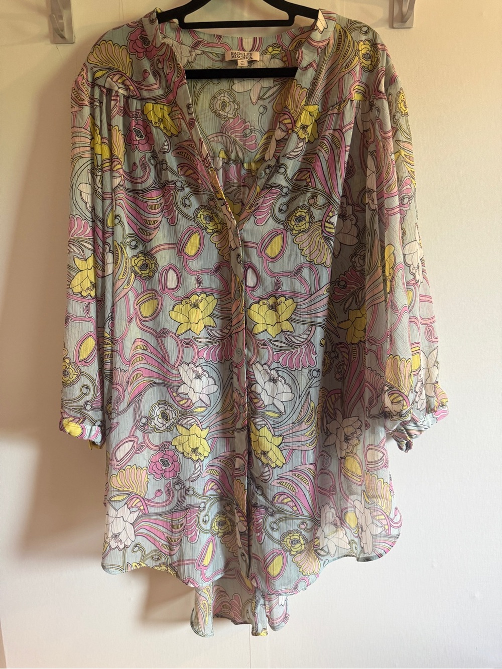 Badgley Mischka XL Floral Tunic Blouse Metallic Gold Stripe Boho Resort Top